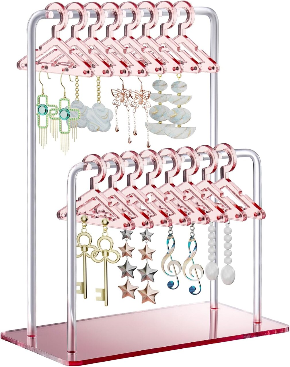Double-Tier Acrylic Earring Holder – Miniature Clothing Hanger Design with Mirror-Finish, Holds 48 Pairs, Perfect for Home Vanity or Retail Display (Rose Gold)
